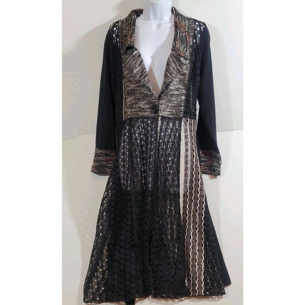 Dor Dor Couture Small 1-Button Brown Black Knit Crocheted Long Cardigan Duster